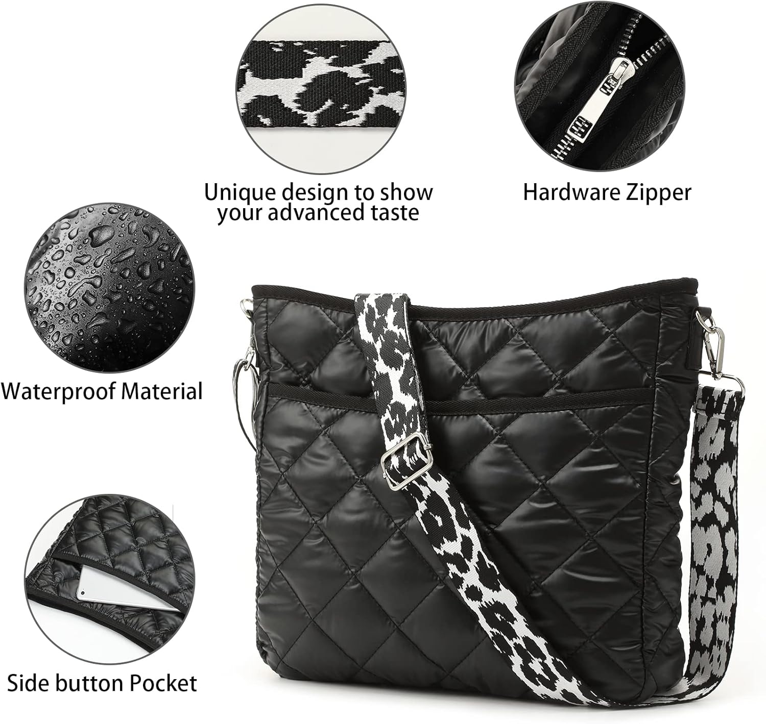 Quilted Crossbody & Puffer Shoulder Bag, Tote with Zipper - Fashion Cotton Quilted Ladies Handbag - Image 4