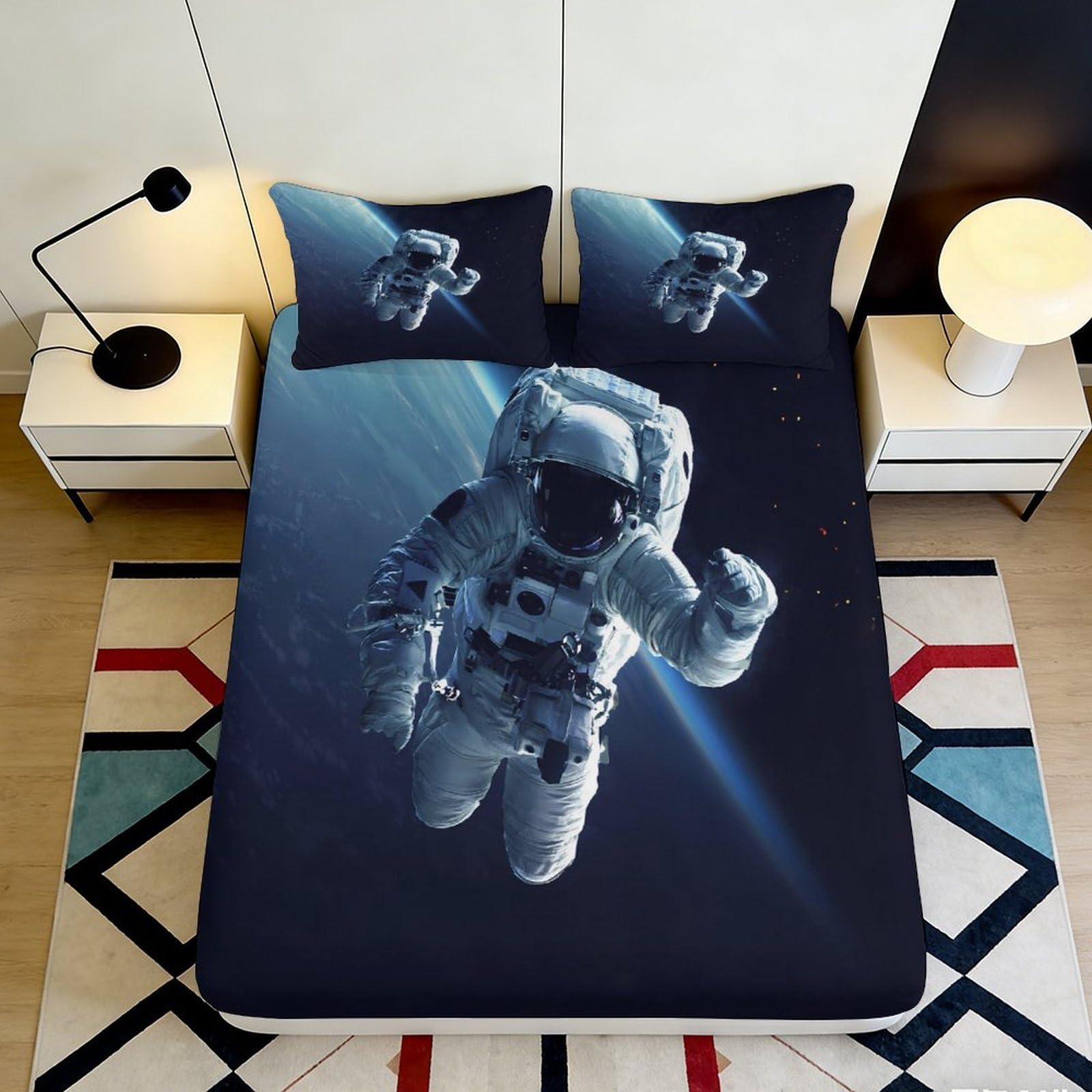 3D Printed Astronaut Fitted Sheet Microfiber Soft Durable Space Design Bed Cover for Bedroom Dormitory Guest Room Mattress Protection 140x200x25cm