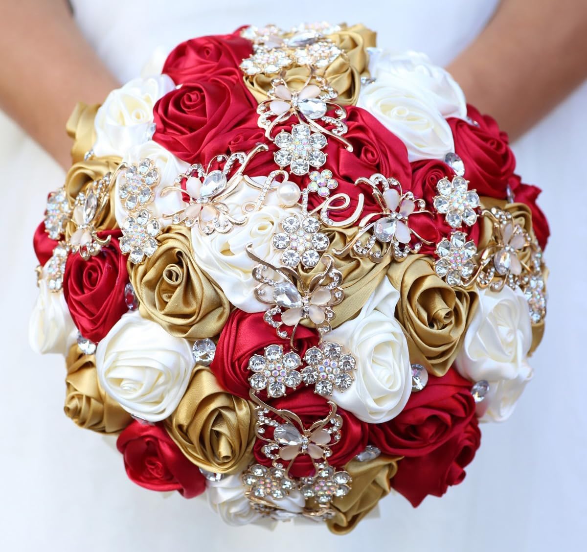 5.9" Mini Bridal Bouquet Handmade Satin Rose Round Wedding Bouquet Throw Toss Artificial Flower Bunch Ivory + Ruby Red + Pale Gold
