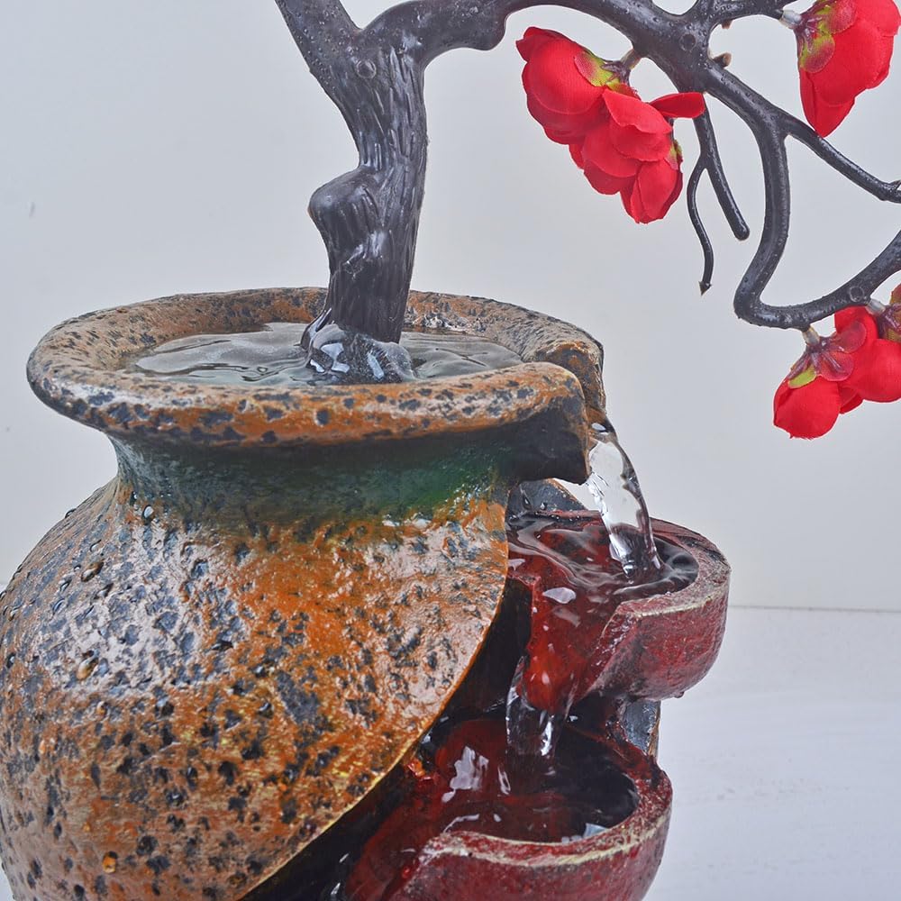 Plastic Red Peach Flower Plum Tree Resin Trunk with Jar Rustic Fountains Waterfall Fountain Soothing Sound Tabletop Office Home Desktop Decor