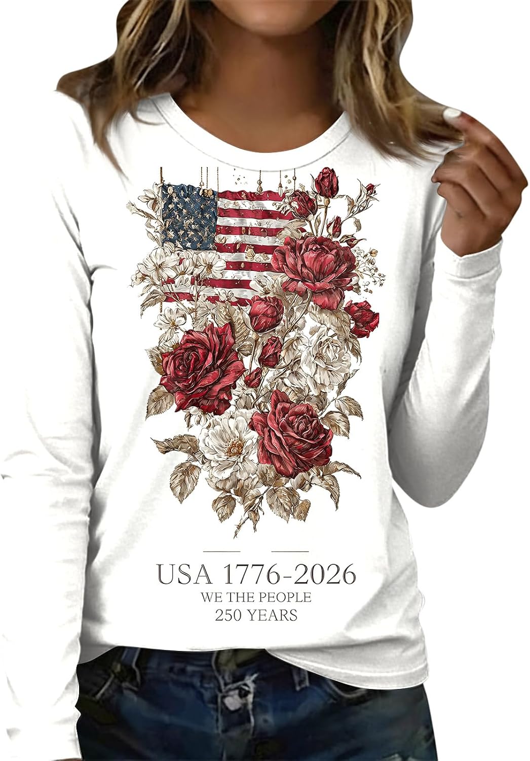 Women's 4Th of July Shirts, Long Sleeve Crewneck Cute T-Shirt, Casual American Flag Print Tops, S-3XL