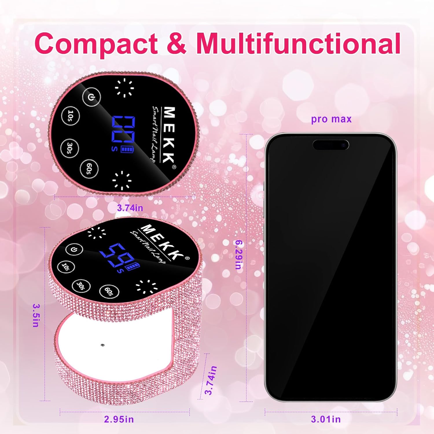 MEKK Cordless Mini UV Light for Gel Nails - 24W Rechargeable Mini UV LED Nail Lamp with Touch Control & Auto Sensor,Small Flash Cure Lamp,4 Timers,Portable Nail Light for Tavel & Home Use-Pink Diamond