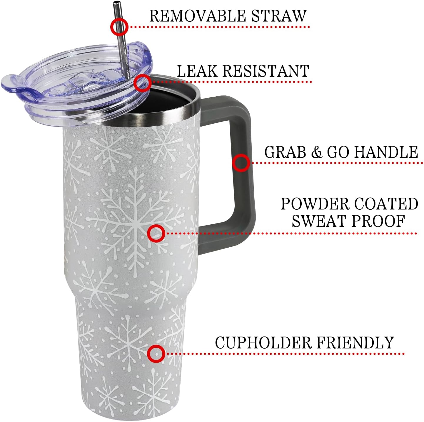 Christmas Tumbler with Handle and Straw Lid 40 oz,5D Cute Christmas Gifts for Women Gray Snowflakes Vacuum Insulated Leak Proof Tumbler,Winter Holiday Accessories Stainless Steel Coffee Cup Mug - Image 3