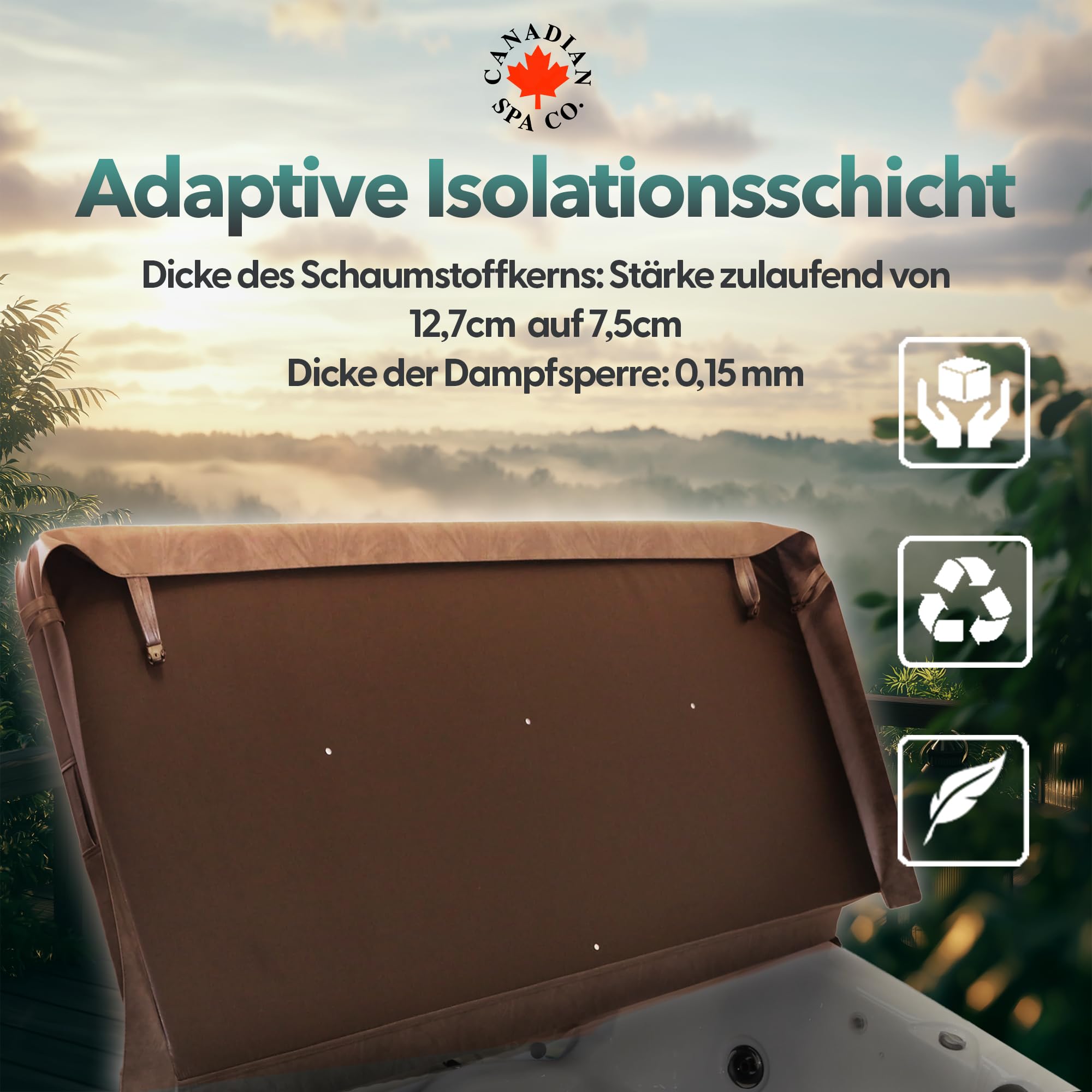 CANADIAN SPA CO. Isolierabdeckung Deluxe, 228 x 228 cm, Braun, 10 cm dick, Poolabdeckung eckig, Abdeckung für Whirlpool wasserdicht und UV-beständig, Whirlpool Zubehör
