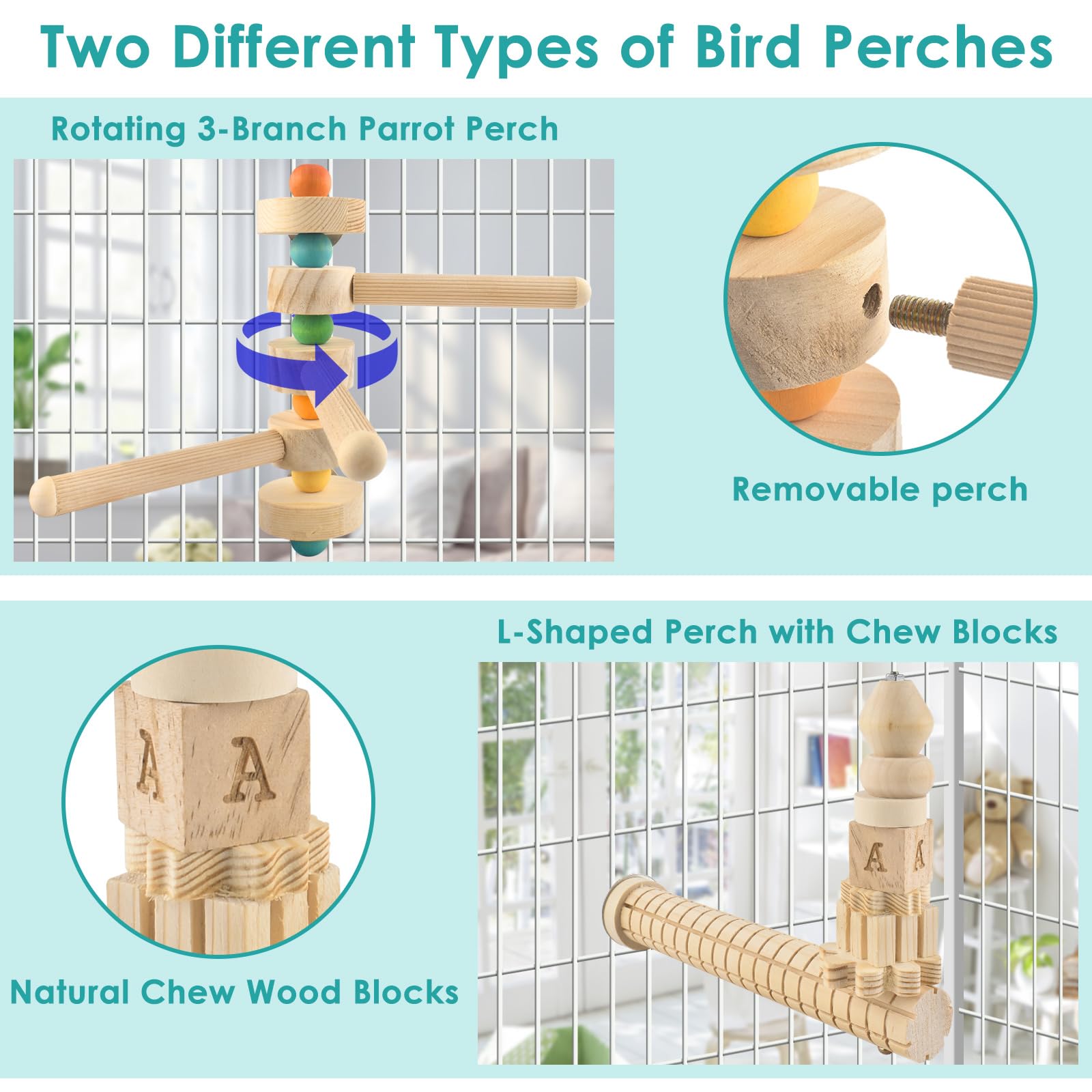 DBNESS 3pcs Natural Wood Bird Perch Toys, Rotating Perch Stand, L-Shaped Perches with Chew Block, Hanging Cork Stopper Toy, Birdcage Accessories for Small Medium Parrots Cockatiels Quaker Caique - image 4