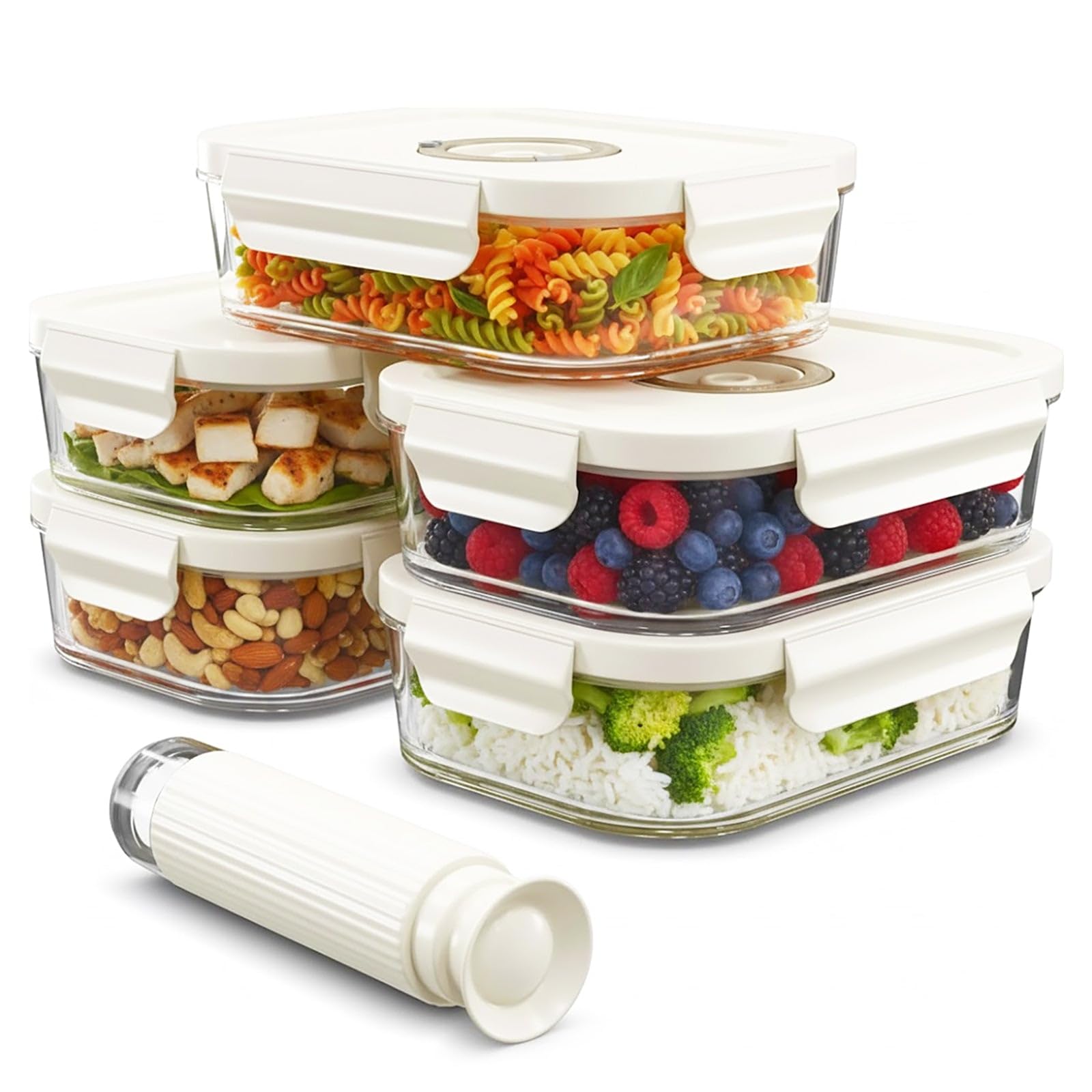 Spares2go Vacuum Food Storage Glass Containers with Securing Clips Lids (Pack of 5, Small, 630ml) + Manual Sealing Pump