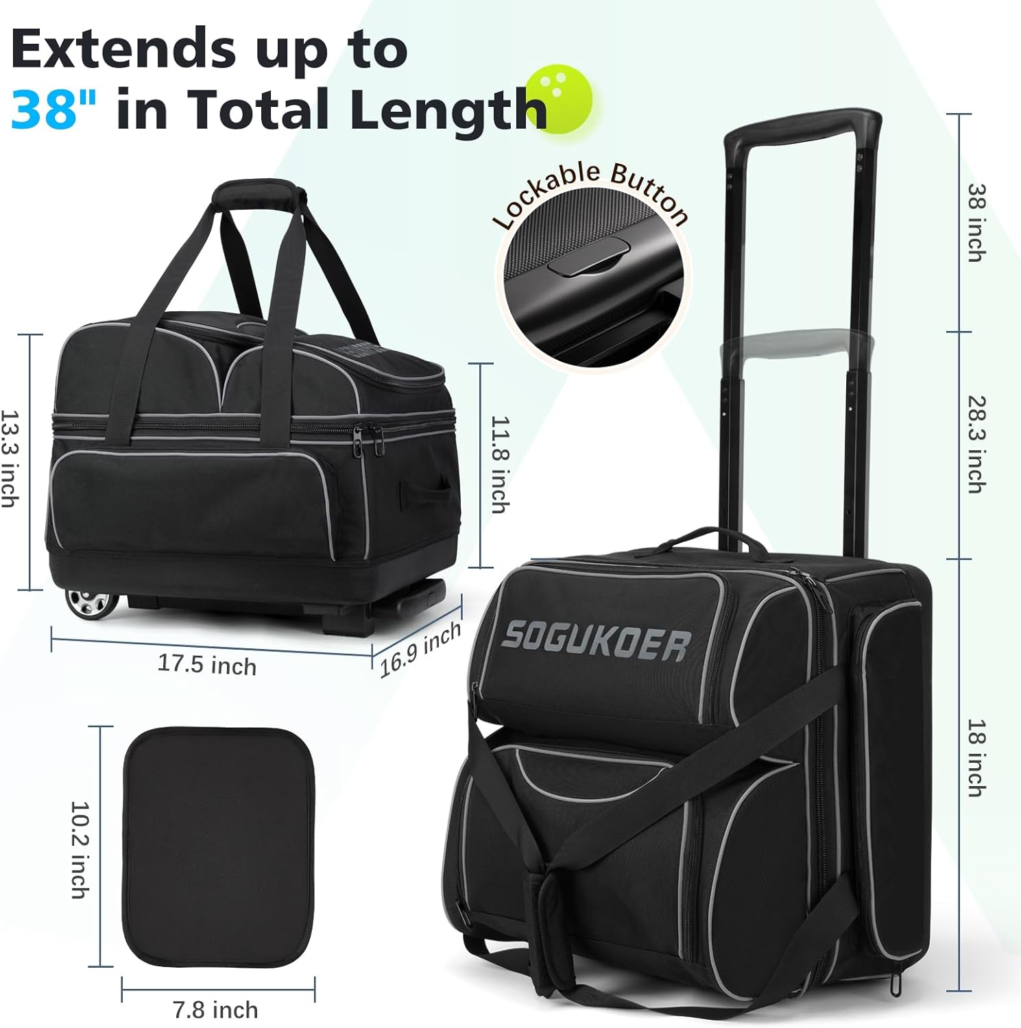 4 Ball Bowling Bag with Wheels,Integrated Main Compartment,900D Heavy Duty Bowling Roller Bag with Shoe Compartment, Telescoping Handle,Multiple Accessory Pockets for League Tournament Travel