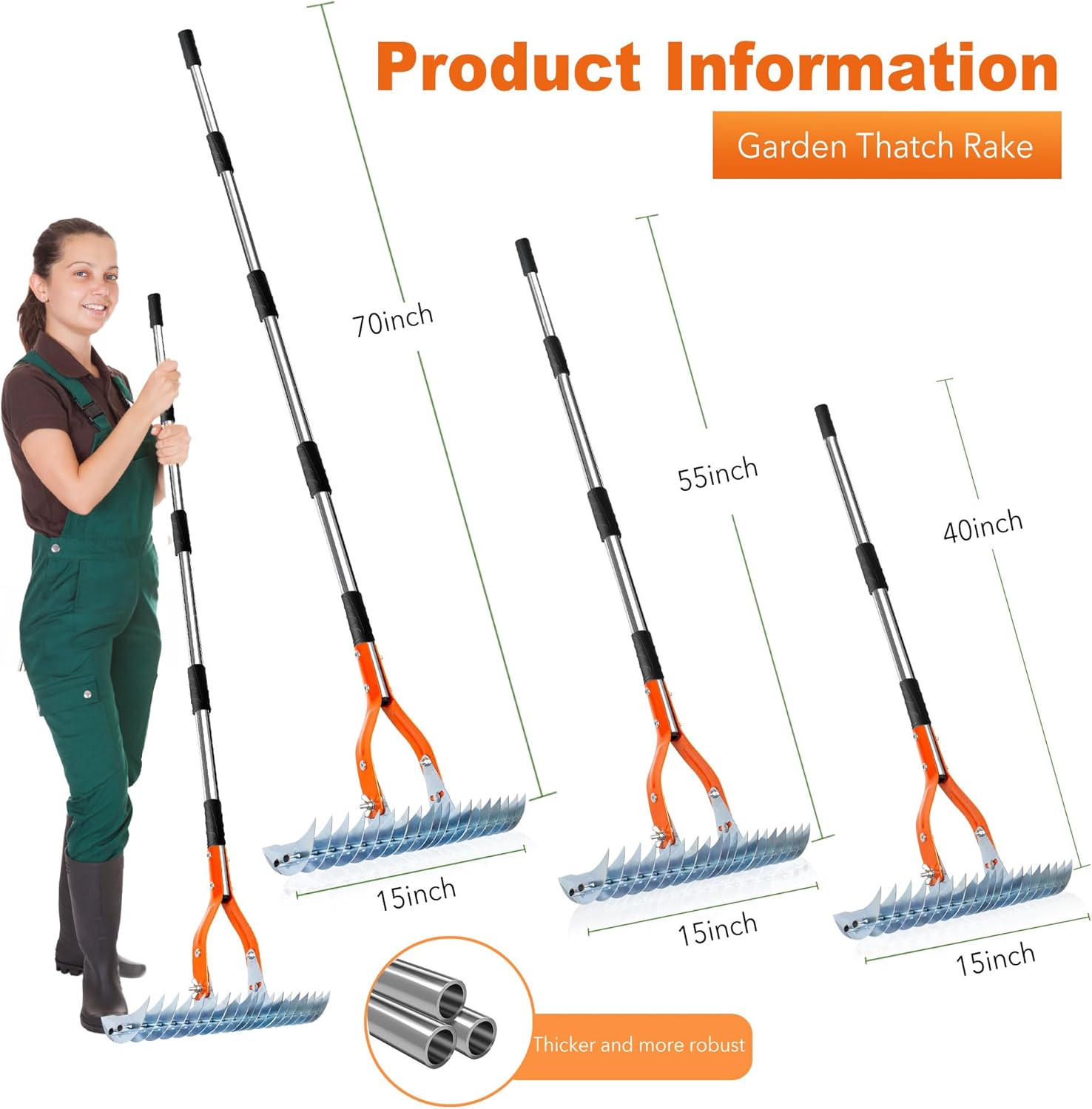 Thatch Rake,15" Lawn Dethatcher Rakes,Dead Grass Remover,Manual Dethatching Rake with Adjustable Length Handle,Scarifier Rake,Thatching Rakes for Lawns Grass Loosening Soil