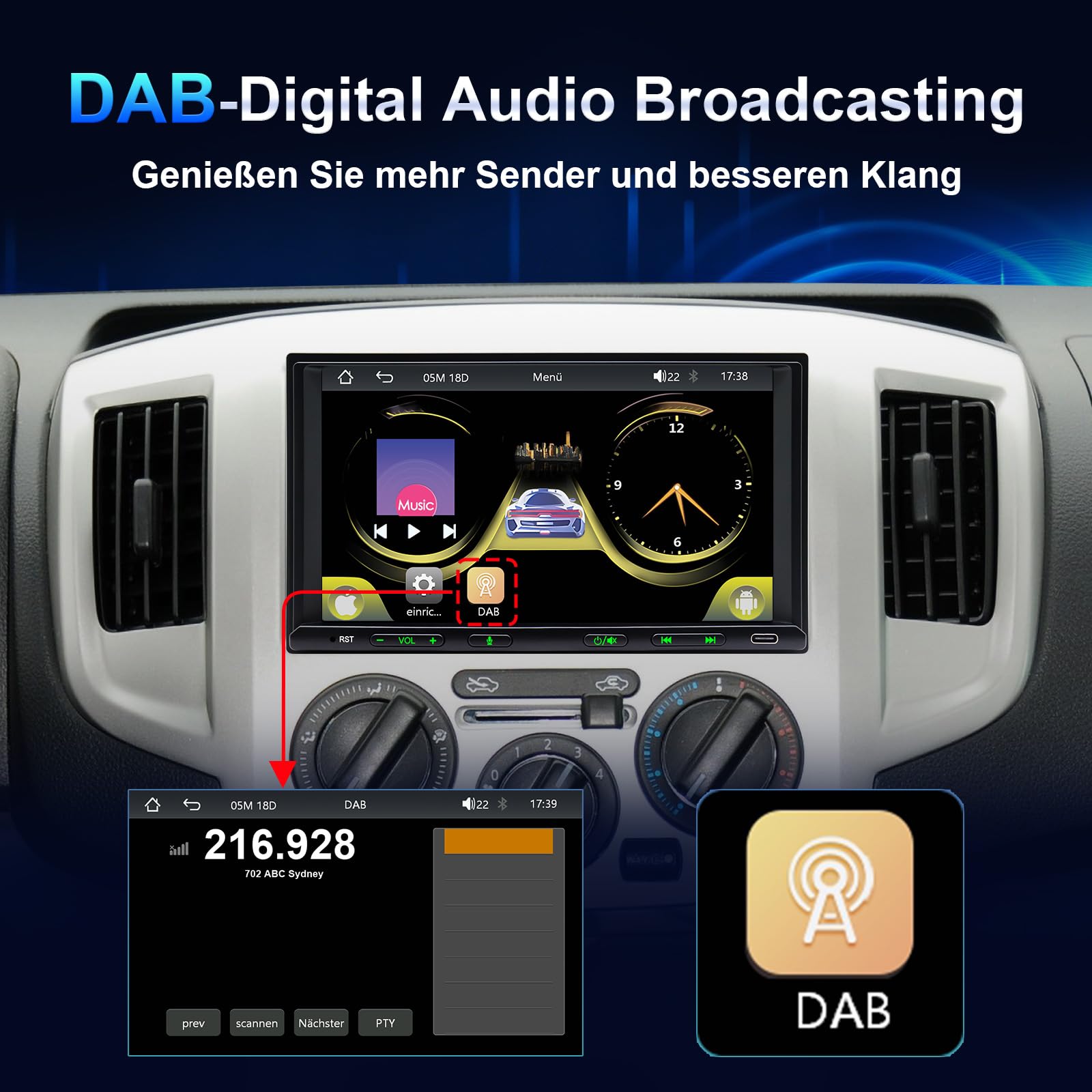 Autoradio 2 Din con Wireless Carplay & Android Auto 7 Pollici Touchscreen Stereo Auto Radio DAB, Bluetooth
