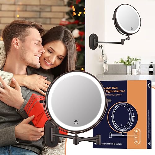 Miniatura 7 de Rechargeable Wall Mounted Lighted Makeup Vanity Mirror 8 Inch Double Sided 1X 10X Magnifying Bathroom Mirror, 3 Color Lighting, Touch Dimming