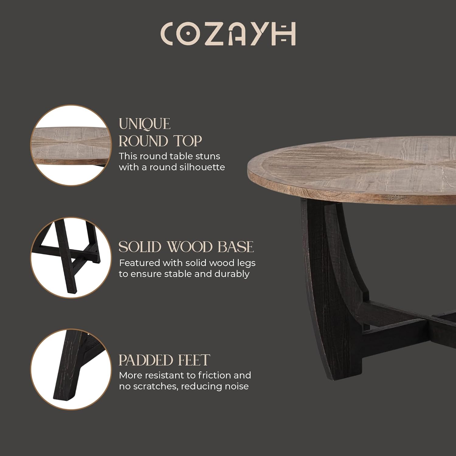 COZAYH Rustic Farmhouse Coffee Table with Crisscross Base, French Country Accent Table for Family, Dinning or Living Room, Modern, Round