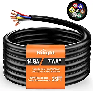 Nilight 25 Feet 7 Way Trailer Extension Cable RV Standard Wire 14 Gauge 7 Conductor 100% Pure Copper Insulated Heavy Duty Cord Weatherproof for 7 Pin Blade Truck Camper RV Automotive