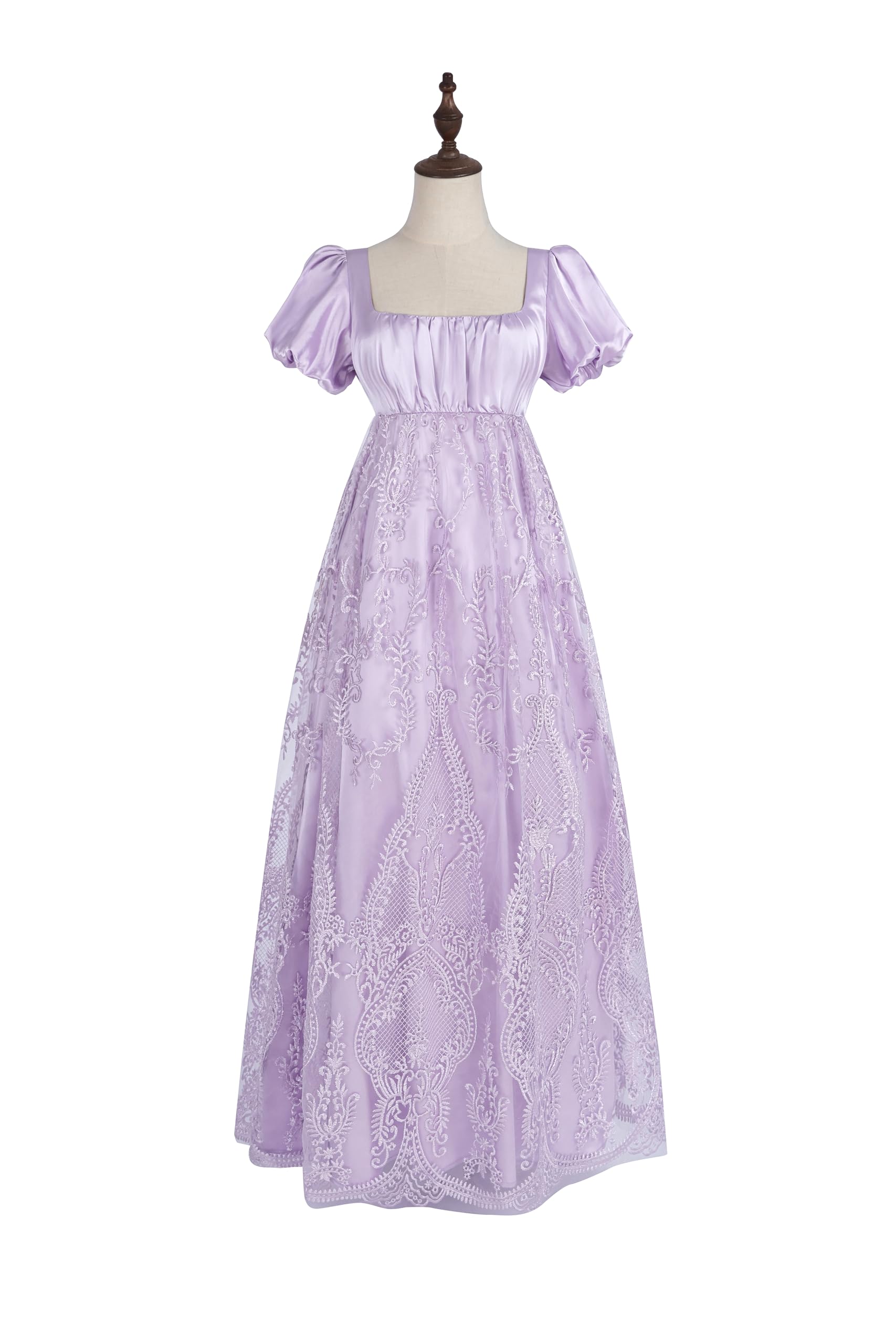Abito da donna Regency con maniche a sbuffo, stile impero, vintage vittoriano, con ricamo a rete, abito da tè con guanti
