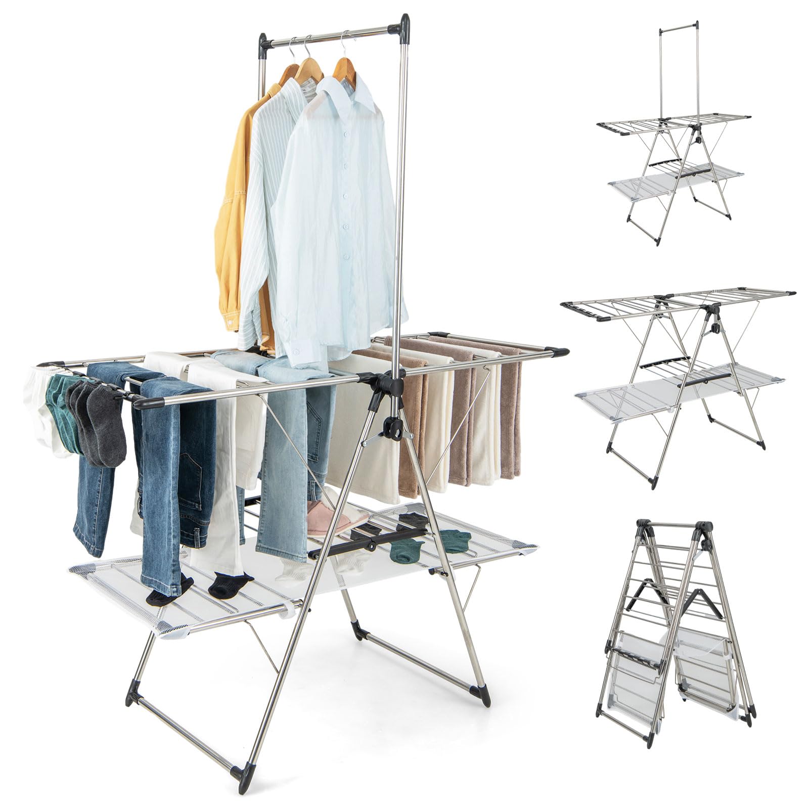 GOPLUS Tendedero Plegable, Soporte de Ropa Vertical con Barra de Colgar, Alas Ajustables 70-140 cm, Pinzas para Calcetines, Tela de Malla y Ganchos para Zapatos, Tendedor Extensible Interior Exterior
