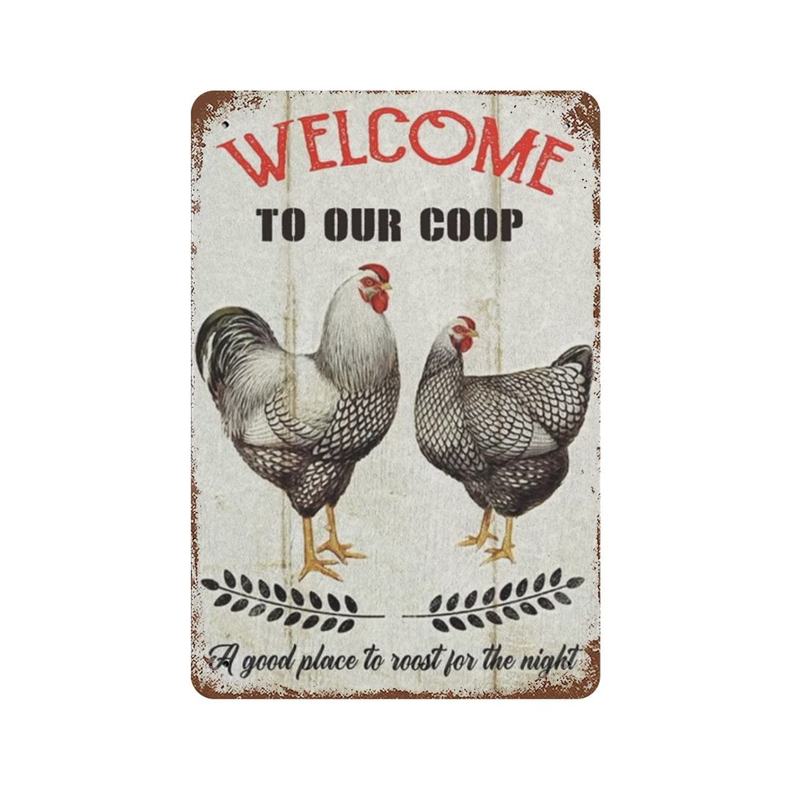 peiyeety Funny Quote Farmhouse Chicken Metal Tin Sign Wall Decor - Vintage Welcome to Our Coop Farm Tin Sign for Home Farm Kitchen Decor Gifts Vintage Gifts for Women Men Family Children 8"x12"