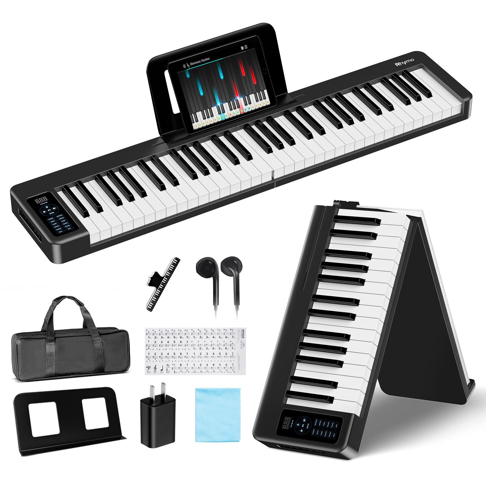 Rhymo Tastiera pieghevole per pianoforte, 61 tasti sensibili per pianoforte elettrico, tastiera elettrica portatile ponderata con Bluetooth MIDI, tastiera digitale pieghevole per principianti, viaggio