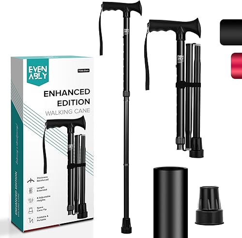 Bastón mejorado (más grueso y largo)  Plegable, ajustable, plegable, punta de repuesto, con bolsa de viaje  Bastón versátil para cada altura, peso,