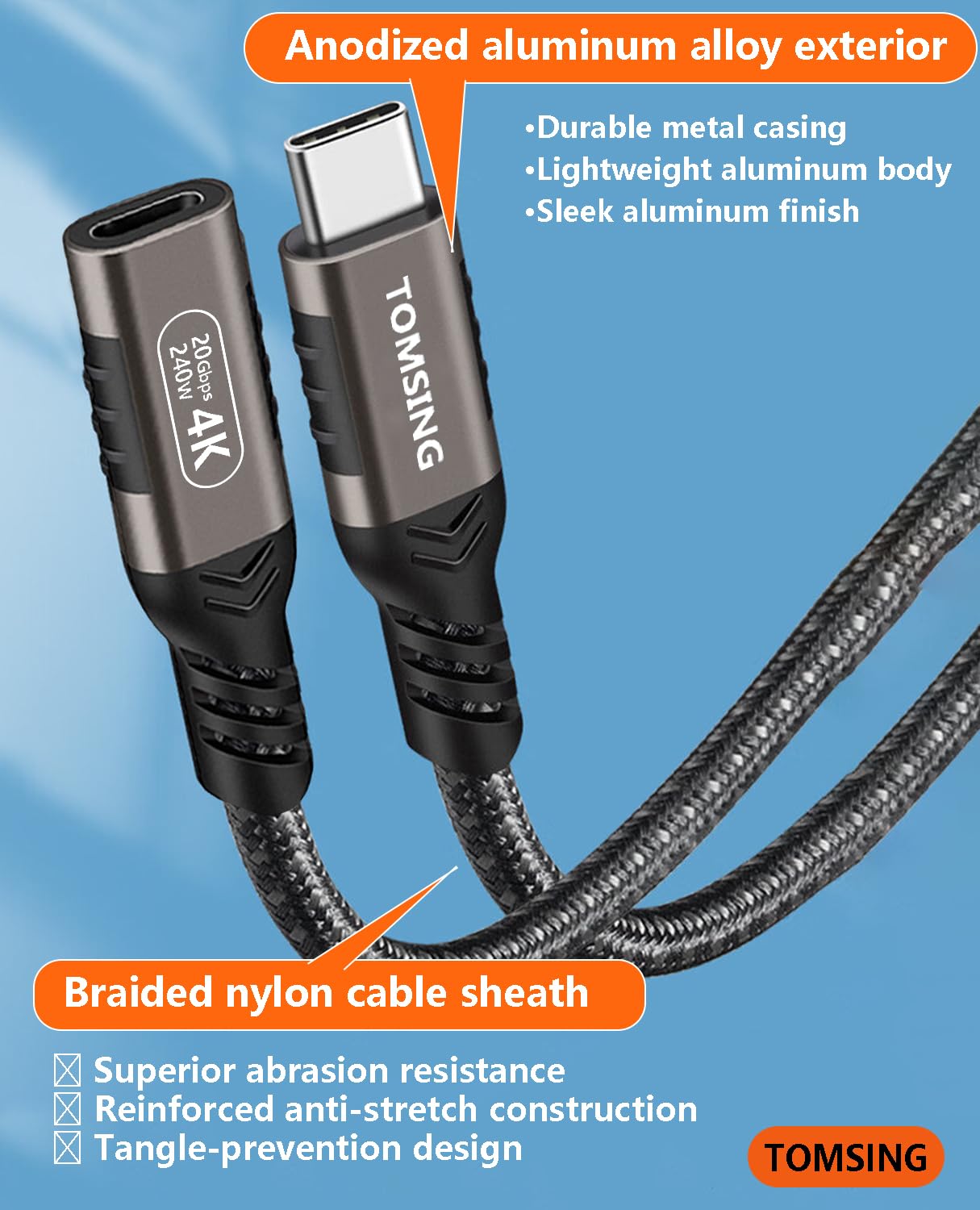 Cavo di prolunga USB C (240 W/20 Gbps/4 K a 60 Hz), tipo C maschio a femmina, estensione di ricarica e sincronizzazione per tastiera, mouse, PlayStation, Xbox, unità flash, stampante