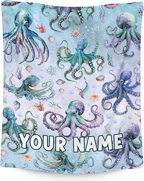 Custom Octopus Blanket with Name for Girls Boys, Cute Soft Gifts for Ocean Lovers, Cozy Flannel Throw for Bed Travel, 50" x60Custom