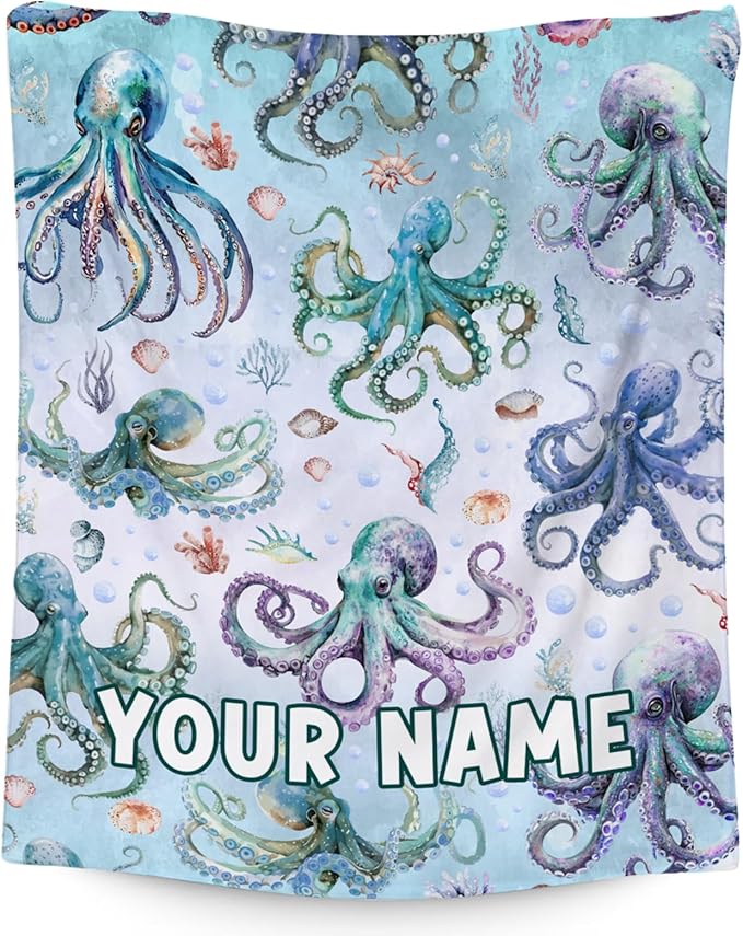 Custom Octopus Blanket with Name for Girls Boys, Cute Soft Gifts for Ocean Lovers, Cozy Flannel Throw for Bed Travel, 50" x60Custom