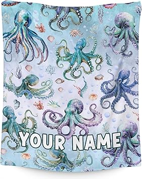 Custom Octopus Blanket with Name for Girls Boys, Cute Soft Gifts for Ocean Lovers, Cozy Flannel Throw for Bed Travel, 50" x60Custom