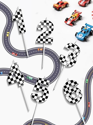 Miniatura 6 de Velas de cumpleaños de autos de carreras número 2, velas de número de cumpleaños a cuadros blancos y negros de 2.68 pulgadas, velas de números