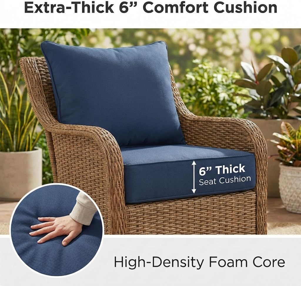 OUTISAN 6 Inch Extra Thick Outdoor Chair Cushions-24 x 24 Water & UV & Fade Resistant 1 Seat Outdoor Patio Furniture Cushions for Wicker Chairs Patio Chairs Loveseat Sofa (2, Blue)