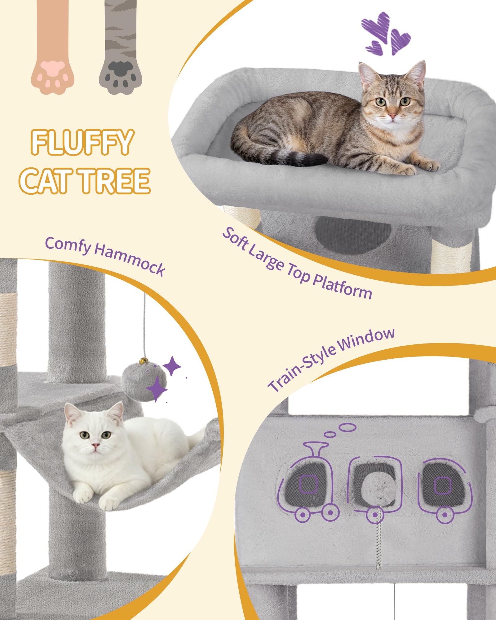 Hzuaneri 170 cm Grand Arbre à Chat, Tour à Chat pour Chats d'intérieur, avec Grand Perchoir, Tapis Lavable, 2 Niches Chats, 8 Griffoirs, Hamac, Pompons, Gris Clair MS17018LG