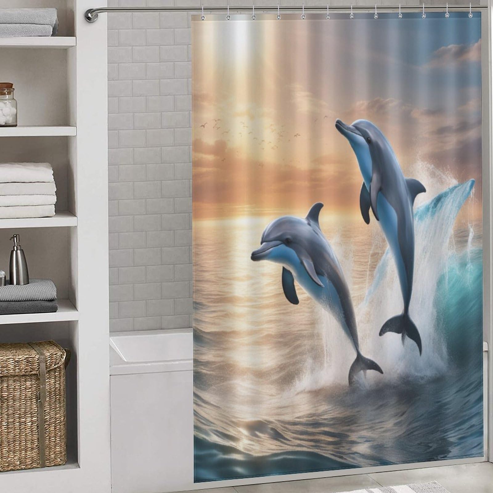 PAZZK Dolphin Fabric Shower Curtain, Bathroom Shower Curtains with Hooks, Waterproof Polyester, Washable Shower Curtain for Bathroom 60x72Inch（152x183cm）