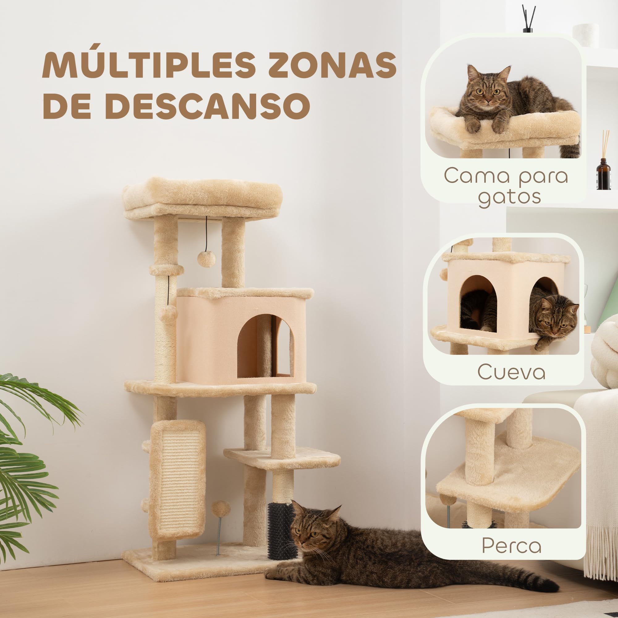 PawHut Árbol Rascador para Gatos - Altura 104 cm con Plataformas, Bolas Colgantes y Almohadilla para Rascar - Beige