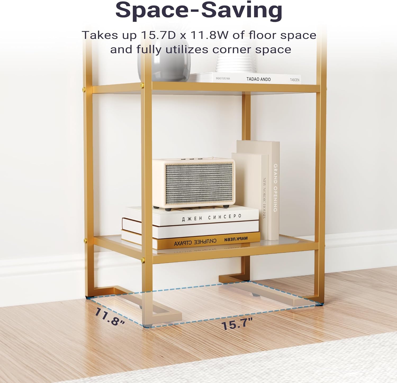 Furnify 4-Tier Glass Bookshelf, Tempered Glass Display Shelf, Modern Open Shelf Bookshelf, Slim Shelving Unit Bookcase for Living Room, Home Office, Bedroom, Golden