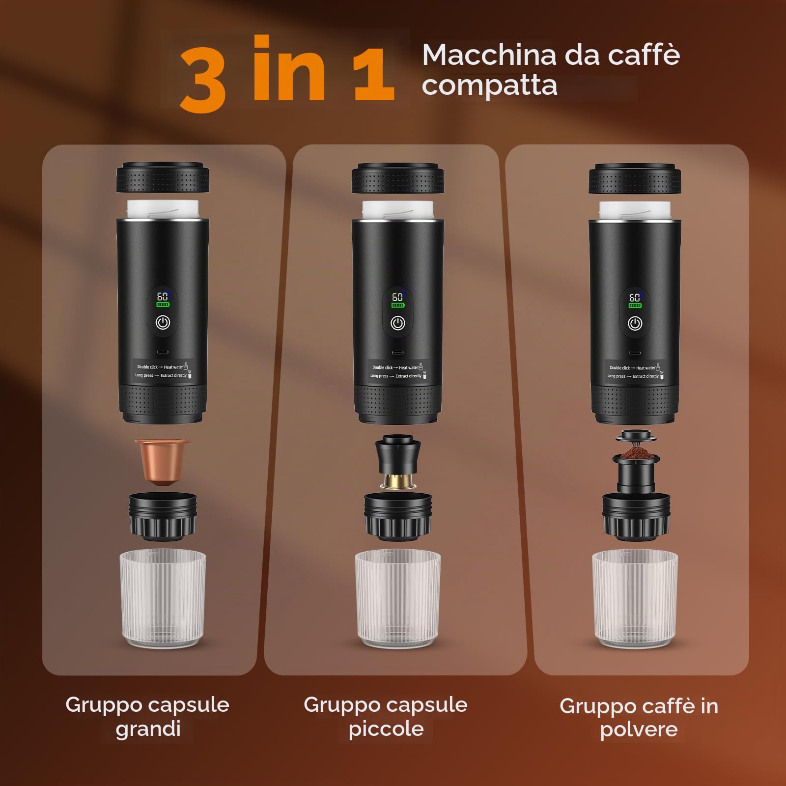 Macchina Caffe Portatile, Caffettiera Portatile 3-in-1 con batteria 7500 mAh,20 Bar, Autoriscaldante,USB-C,Piccola Macchina da Caffè 3 in 1 con Caffè Macinato e Capsule (NS & DG) per Camper