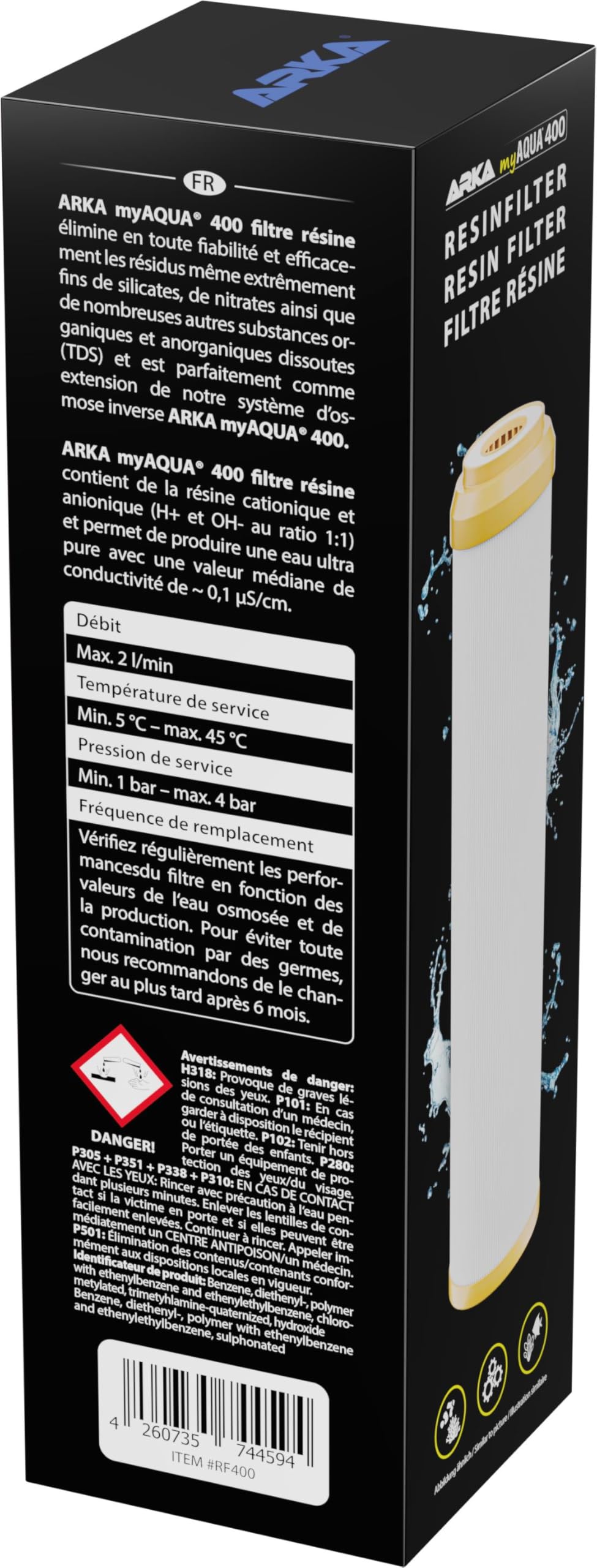 ARKA myAQUA 400 filtre à résine - élimine de manière sûre et efficace même les résidus les plus fins de silicate, de nitrate et d'autres substances organiques et inorganiques dissoutes (TDS) de l'eau