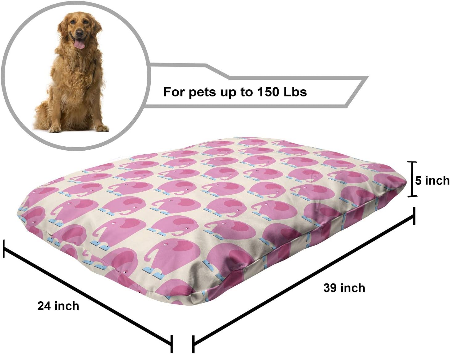 review Lunarable Pale Pink Pet Bed, Repetitive Elephants Wearing Shoes Cartoon Style Sad Animals Pattern, Chew Resistant Pad for Dogs and Cats Cushion with Removable Cover, 24