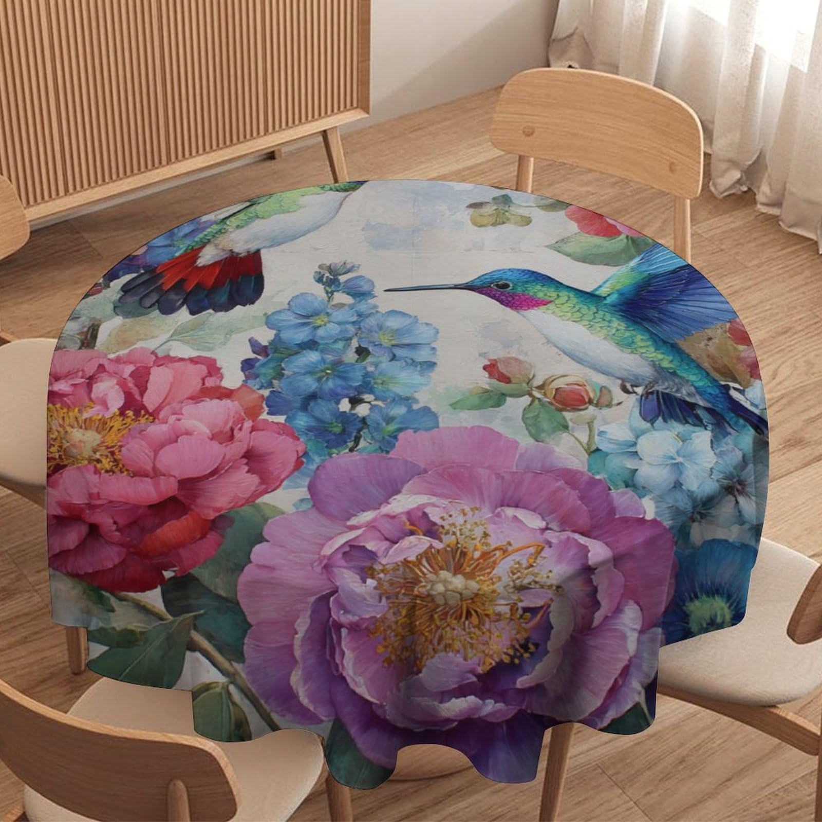 LUYYSKY Classic Retro Hummingbirds Round Tablecloth Realistic Spring Garden Botanical Flowers Birds Hummingbirds Washable Decor for Table Cover for Kitchen-127 Wx127 L cm