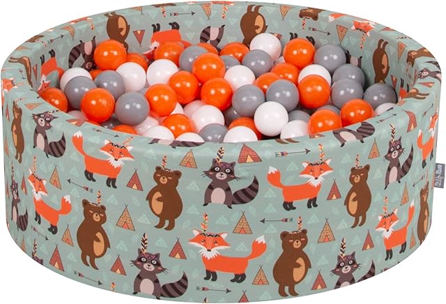 KiddyMoon Soft Ball Pit Round 90X30cm/200 Balls  7Cm / 2.75In for Kids, Foam Ball Pool Baby Playballs Children, Made in EU, Fox-Green:Orange/Grey/White