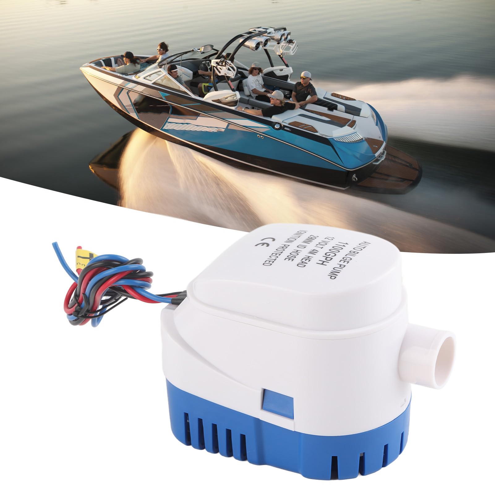 Bomba de cuña DC12V 1100GPH con manguera de salida -/8" para barcos, yates, autocaravanas, aplicaciones marinas