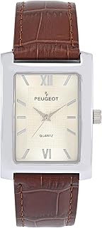 Peugeot Men's Rectangular Textured Roman Numeral Dial Classic Dress Wrist Watch with Leather Strap