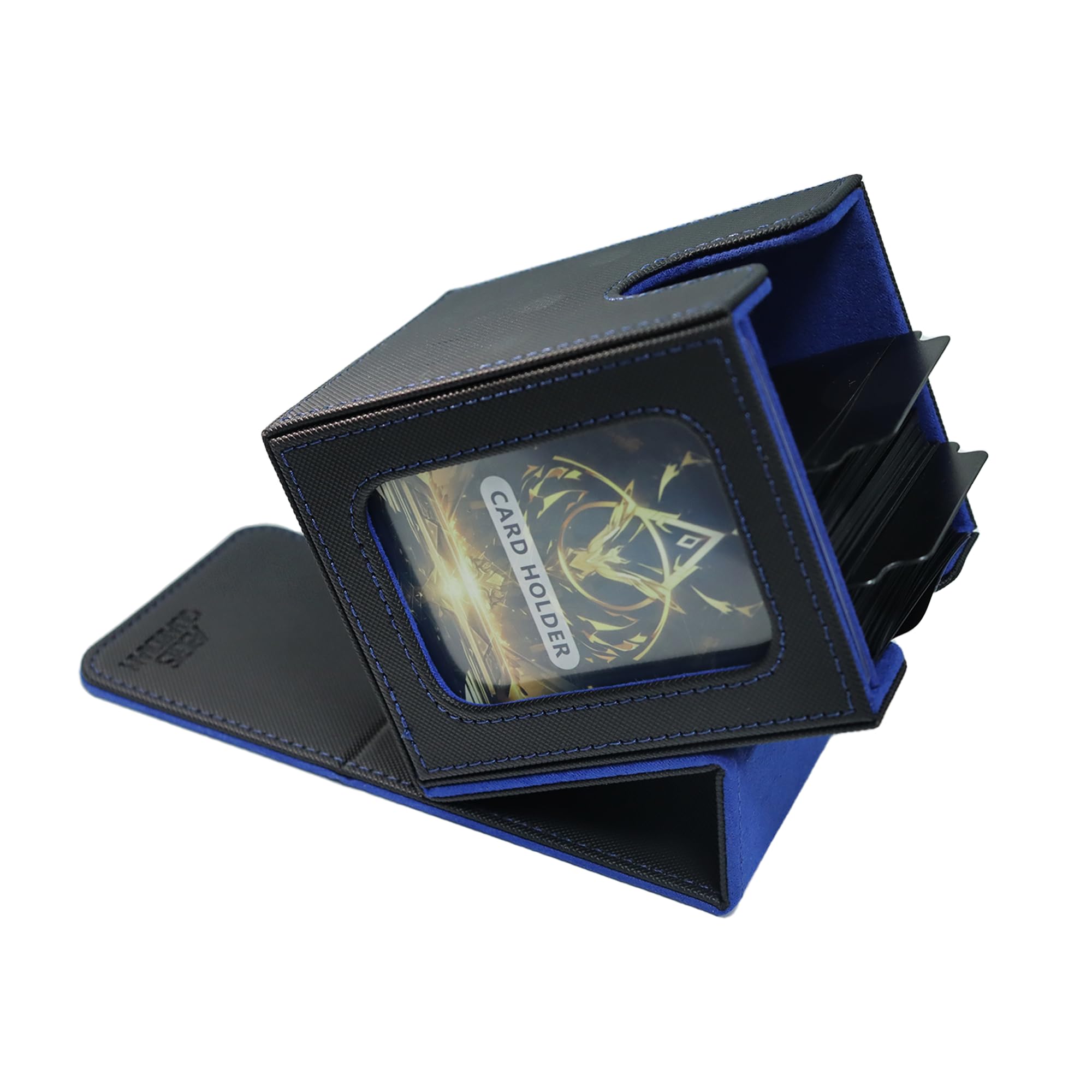 AEGIS GUARDIAN Card Deck Box for MTG, Commander Window Display, Trading Card Storage Box Holds 100 Double-Sleeved Cards, TCG Deck Box with 2 Dividers and 1 Toploader, Black&Blue