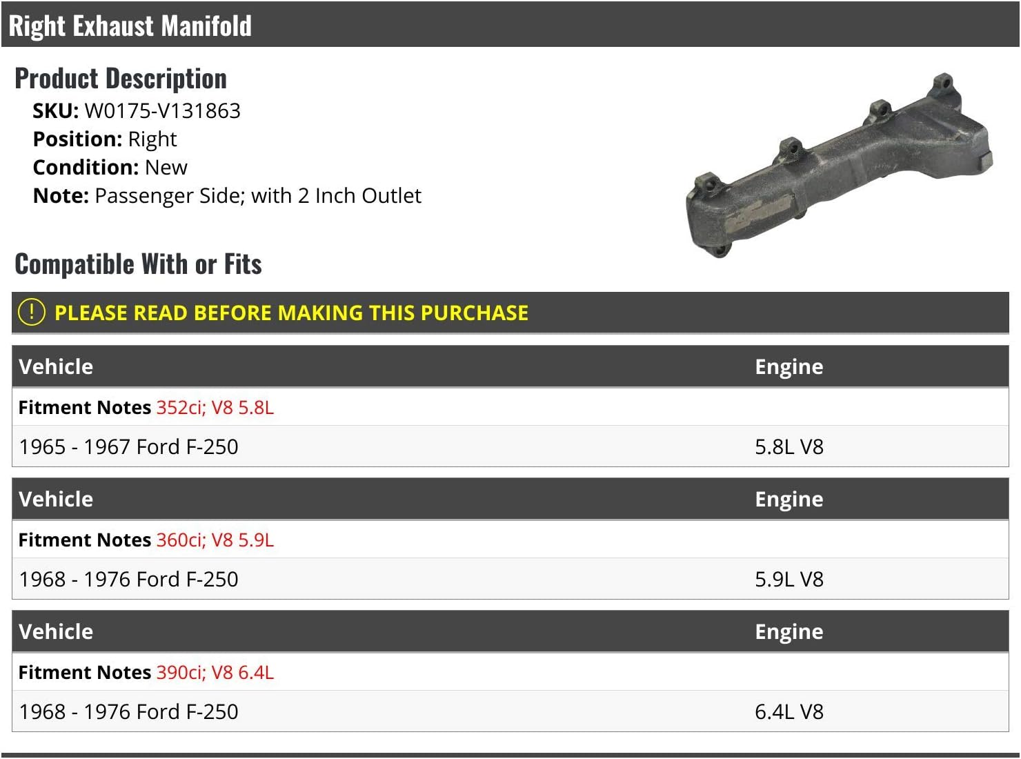 Right Passenger Side Exhaust Manifold - with 2 Inch Outlet - Compatible with 1965-1976 Ford F-250 5.8L / 5.9L / 6.4L V8