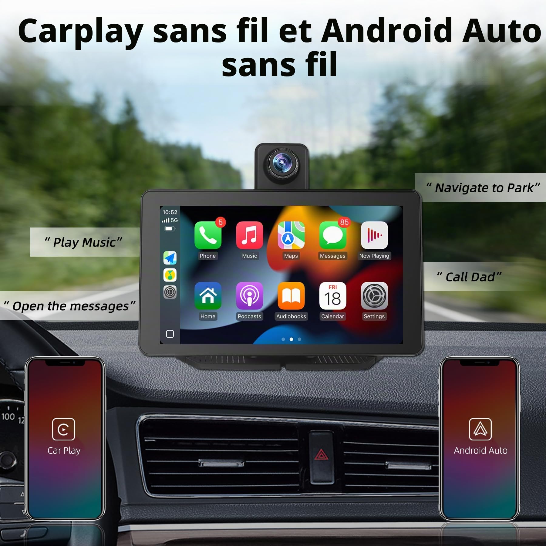 Ecran Voiture 7 Pouces avec Carplay et Android Auto sans Fil