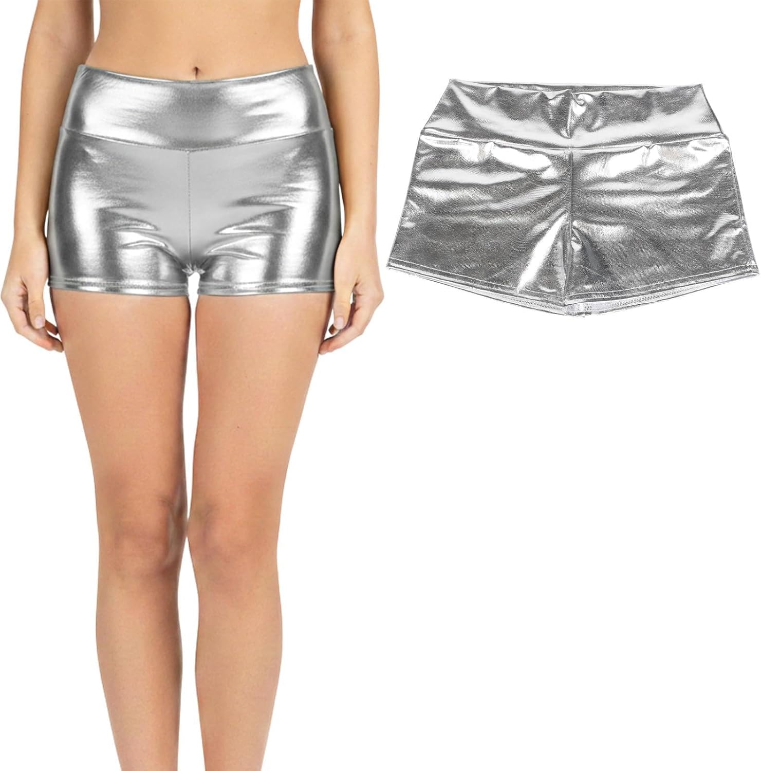 Women's Metallic Rave Booty Shorts,Shiny High Waisted Bottoms,Sparkly Metallic Booty Shorts for Dancing Raves Festivals