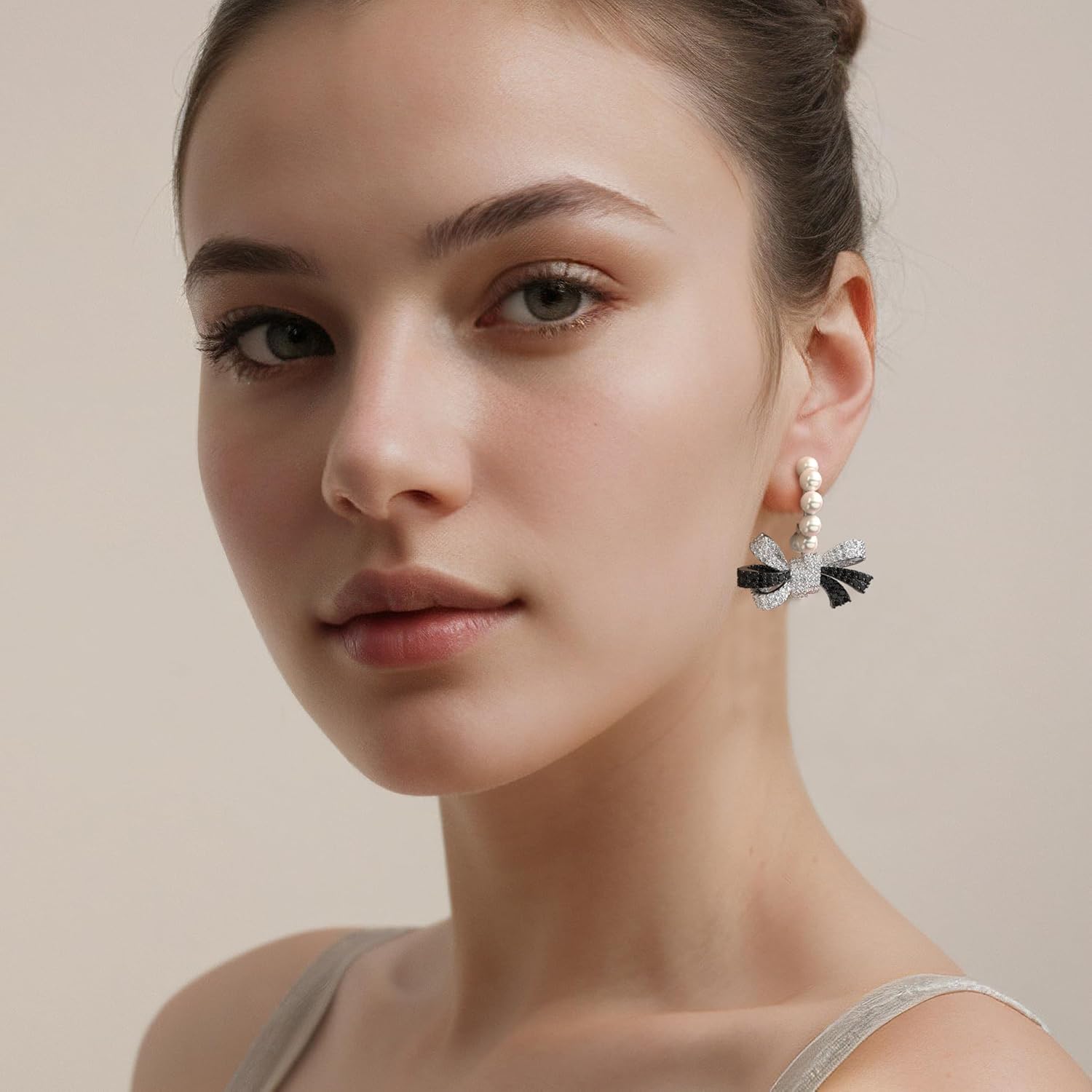 Jewelry Black and White Bow Stud Earrings, Gold-Plated Copper, 5A Cubic Zirconia, 28.5mm Length, 18.5mm Width, Sterling Silver Ear Posts, Hypoallergenic Classic Jewelry Gift