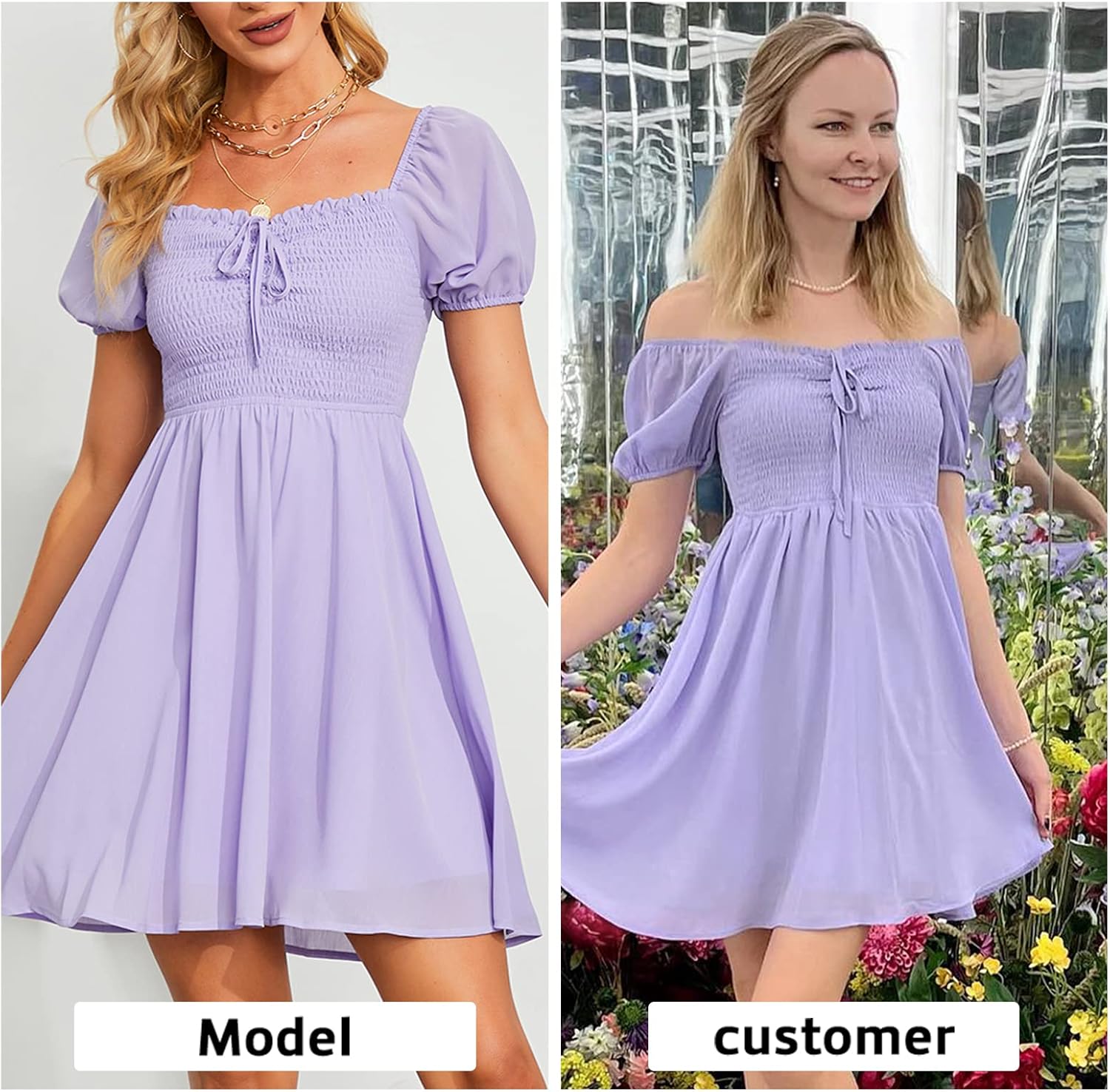 Byinns Women's Sweetheart Neckline Dress Smocked Sundress Puff Short Sleeve Drawstring Dresses - Image 2