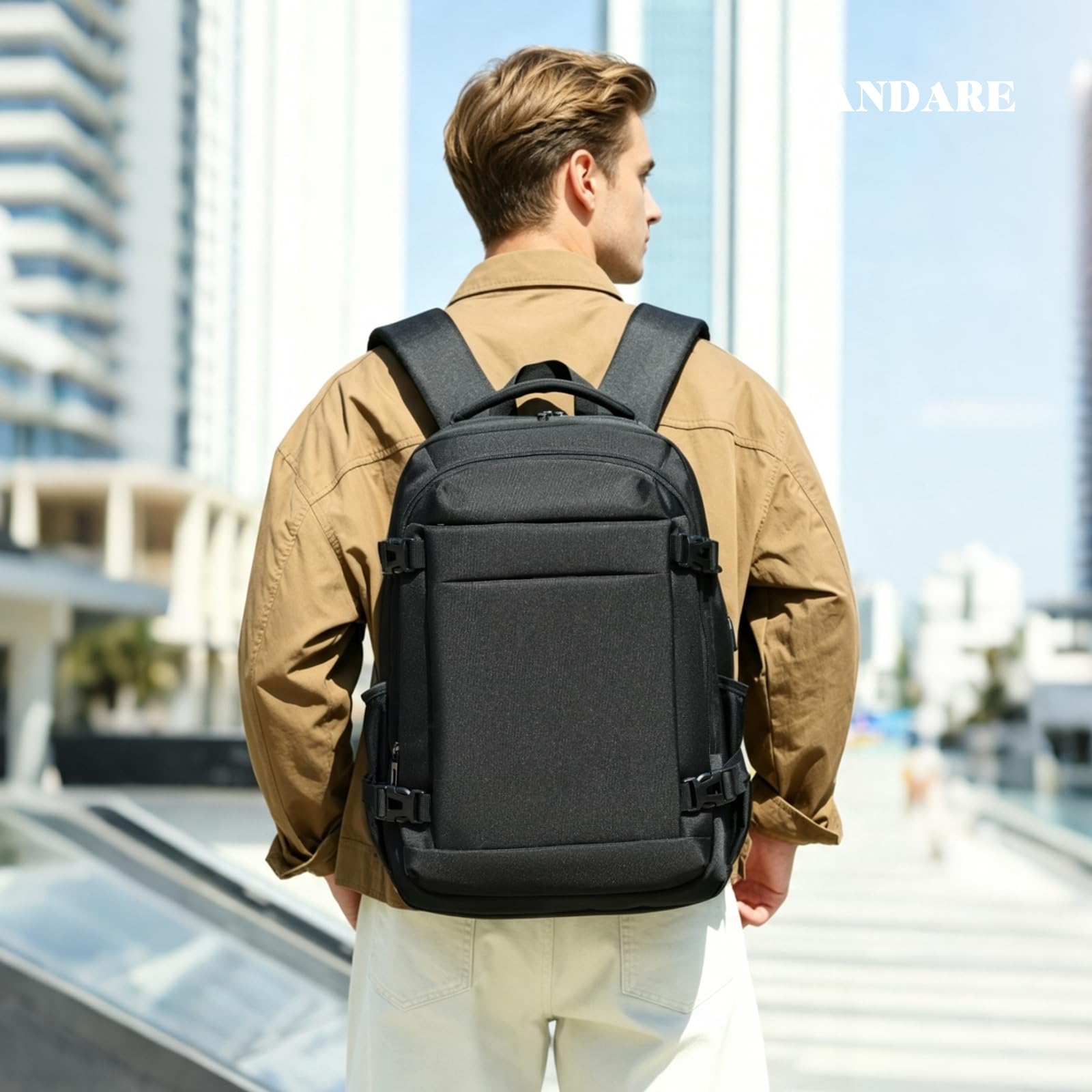 FANDARE Zaino Porta PC 16 Pollici Impermeabile Uomo Donna Nero A | spallacci imbottiti a nido d'ape, cinghia per valigia, scomparto laptop 16.5", tessuto Oxford antispruzzo, capienza multipla