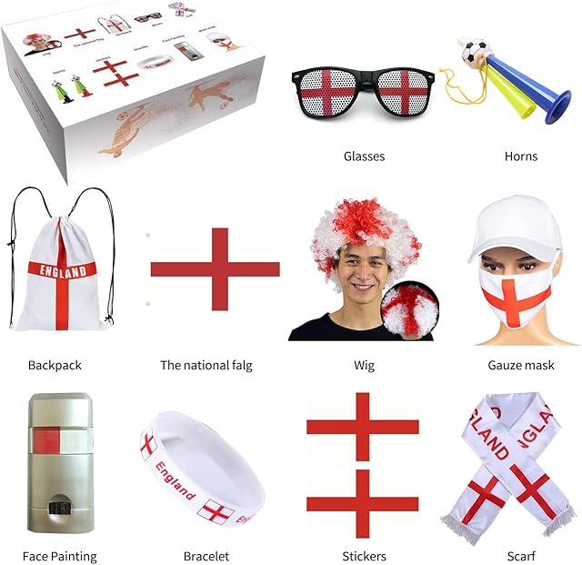 10 PCs World Cup Football 2022 Decoration - England Football Decoration England Flag 3feet x5Feet, Hand Band , Scarf , Face Paint , Glasses Bag pack , England Tattoo