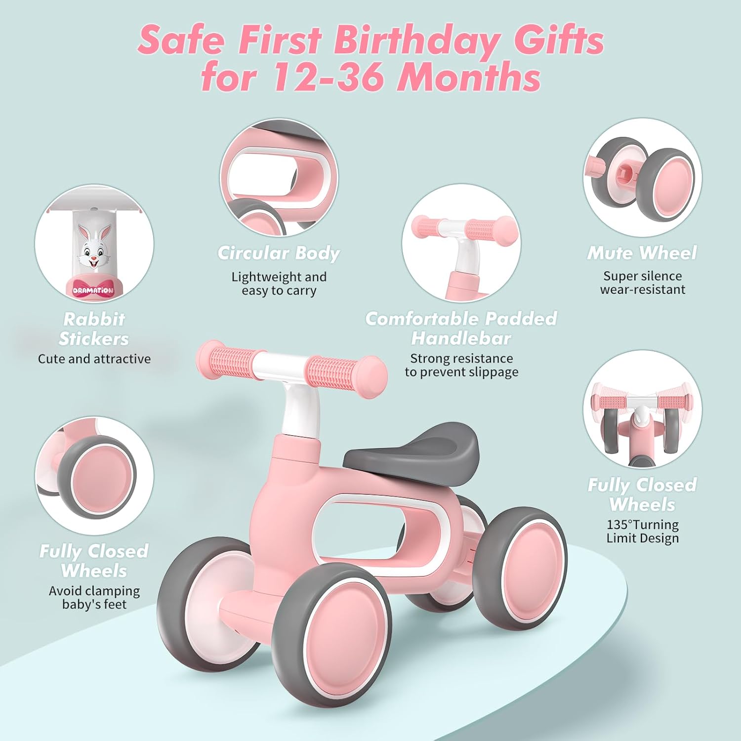 Baby Balance Bike for 1 Year Old Girls Gifts, 10-12 Months No Pedal Toddler Balance Bike with 4 Silence Wheels, 1st Birthday Gift, Ride On Toys for Boys Girls 1 Years Old, Pink - Image 3