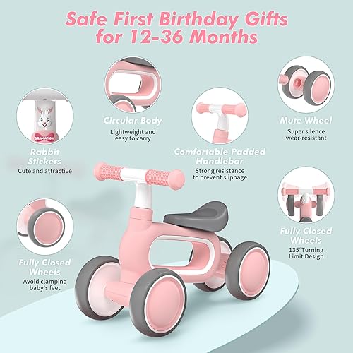 Miniatura 3 de Bicicleta de equilibrio para bebés de 1 año, regalos para niñas de 10 a 12 meses, bicicleta de equilibrio sin pedal con 4 ruedas silenciosas, regalo