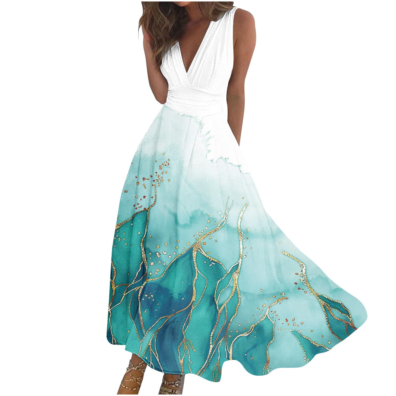 HAOLEI Vestidos de Fiesta Mujer Elegantes,Sin Manga Vestidos Maxi Sexy Vestido Camisola Mujer con Cuello V Profund Vestidos de Noche con Flores Impresión Vestidos de Fiesta Baratos en Multicolor