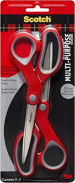 Scotch Multi-Purpose Stainless Steel All-Purpose 2 Pairs of Scissors, 8 Inches, Red & Gray, Great for home, school and office